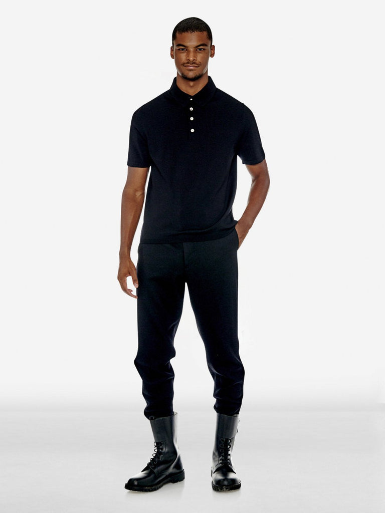 Reverse 'V' Logo Wool Polo Shirt - Black - Tops - PortsV