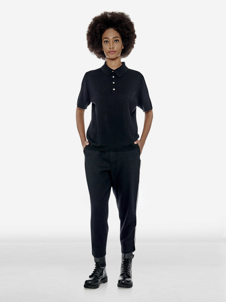 Reverse 'V' Logo Wool Polo Shirt - Black - Tops - PortsV