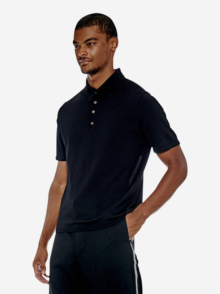 Reverse 'V' Logo Wool Polo Shirt - Black - Tops - PortsV
