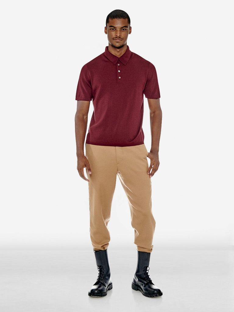 Reverse 'V' Logo Wool Polo Shirt - Burgundy - Tops - PortsV